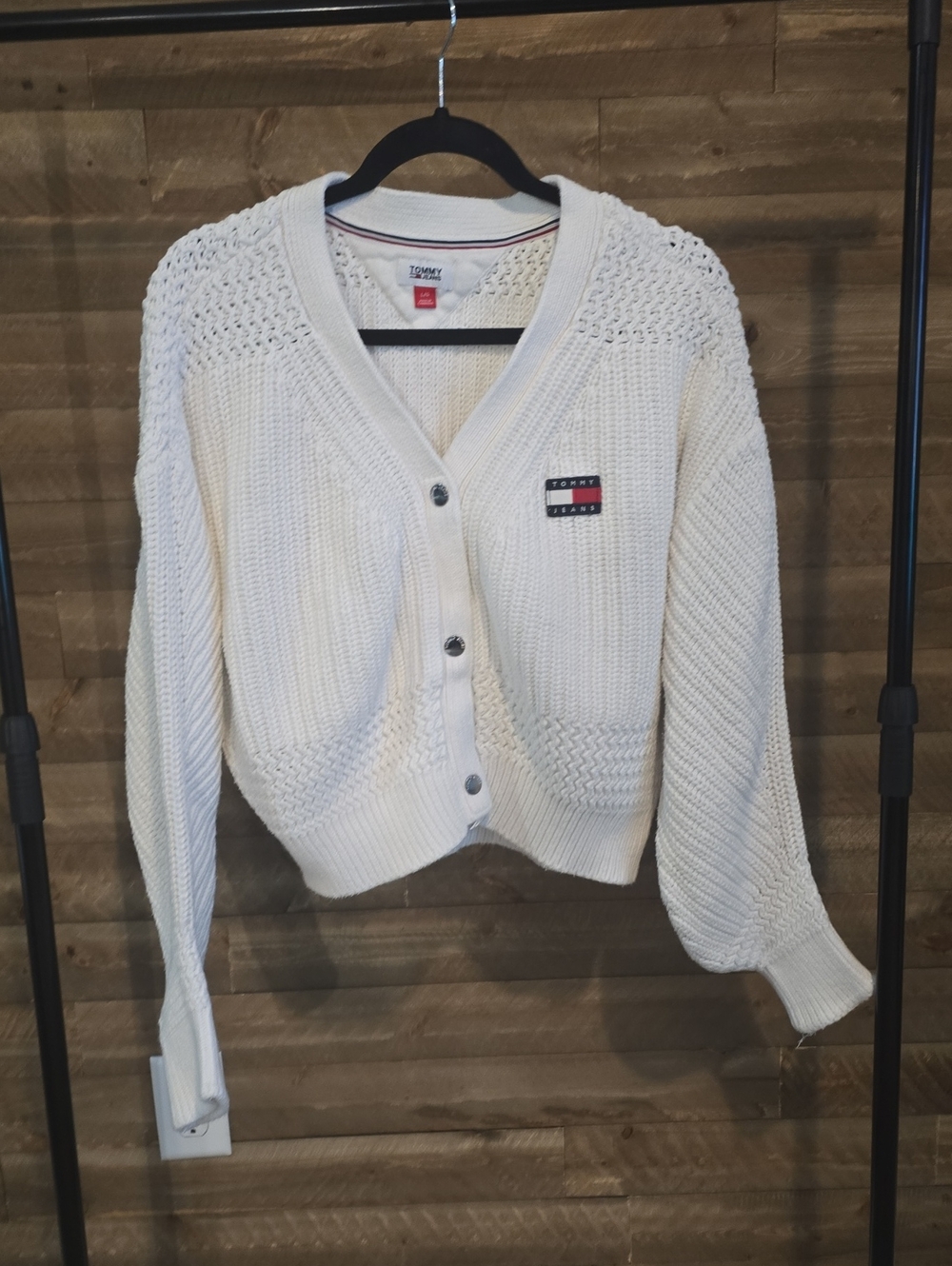 Tommy Hilfiger Cream Knit Button-Up Cardigan with Logo Patch